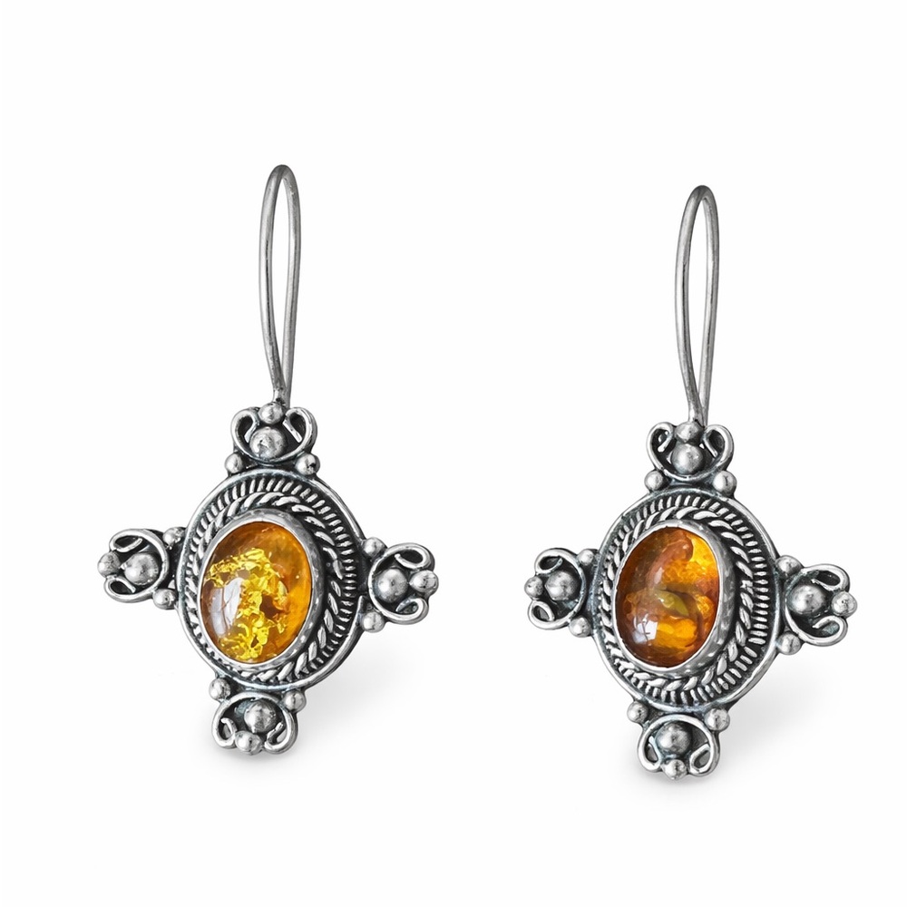 Amber Cross Ornate Dangle Earrings 925 Sterling Silver